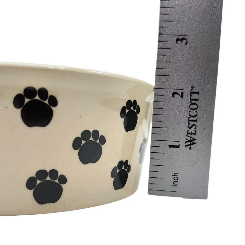 Fidos Diner Set of 2 Dog Dishes Stoneware Food Or Water Bowls Beige Paw Prints